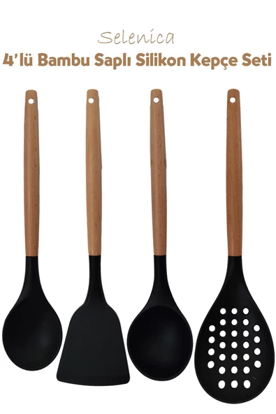 Selenica Silikon Bambu Saplı 4 Parça Mutfak Servis Seti Kaşık, Spatula, Kepçe, Kevgir - 1