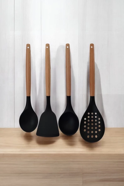 Selenica Silikon Bambu Saplı 4 Parça Mutfak Servis Seti Kaşık, Spatula, Kepçe, Kevgir - 2