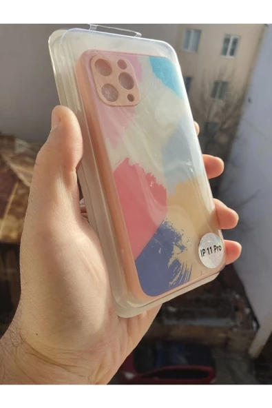 Iphone 11 Pro Uyumlu Sulu Boya Desenli Arkası Mika Cam Kamera Korumalı Kılıf