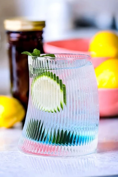 Selenica Eğik Asimetrik Çizgi Desenli Pinterest Bardak Kokteyl Meşrubat 350 ML Cam Bardak
