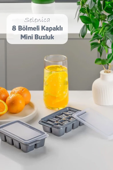 Selenica Mini Kapaklı Buzluk  8 Bölmeli Plastik Buz Kalıbı Bas Çıkar Yapışmaz Buzluk