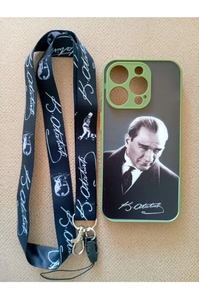 İPhone 14 Pro Uyumlu Mustafa Kemal Atatürk Telefon Boyun Askılı Set Kılıf