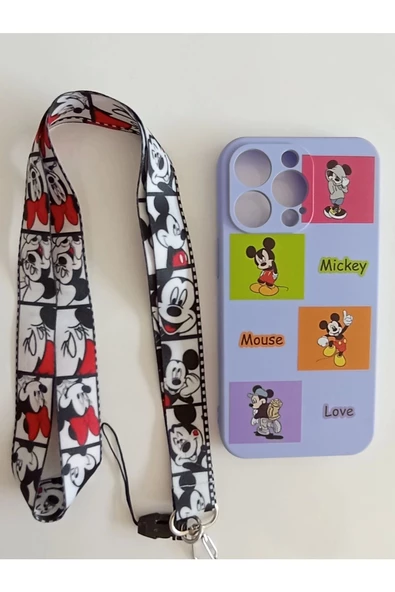 İPhone 13 Pro Uyumlu Mickey Mouse Tasarım Telefon Boyun Askılı Set Kılıf