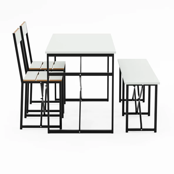 Eportatif Mutfak Masası Bench Bank 120x60 Masa Set 2 Adet Sandalye Yemek Masası Beyaz 1547 - 4