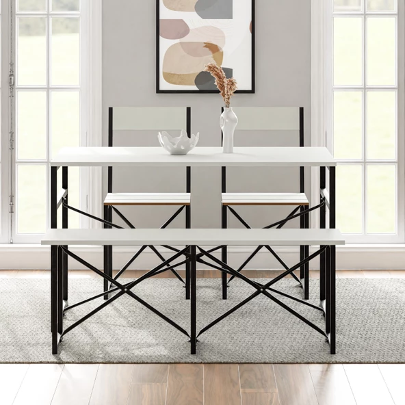 Eportatif Mutfak Masası Bench Bank 120x60 Masa Set 2 Adet Sandalye Yemek Masası Beyaz 1547 - 3