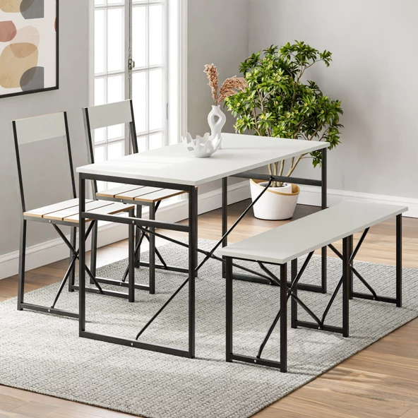 Eportatif Mutfak Masası Bench Bank 120x60 Masa Set 2 Adet Sandalye Yemek Masası Beyaz 1547 - 2