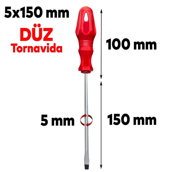 Tornavida Düz Tornavida Kırmızı Plastik Sap 5x150 mm - 2