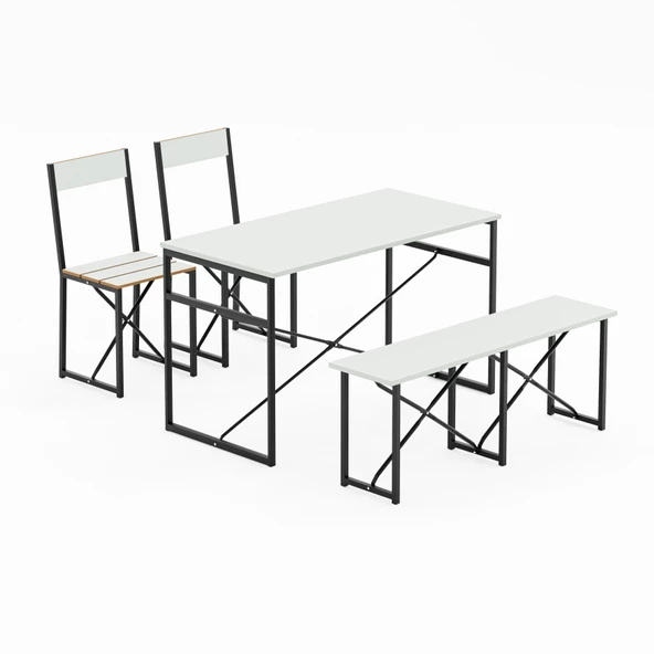 Eportatif Mutfak Masası Bench Bank 120x60 Masa Set 2 Adet Sandalye Yemek Masası Beyaz 1547 - 5