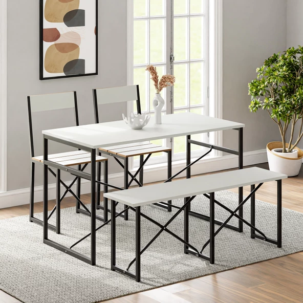 Eportatif Mutfak Masası Bench Bank 120x60 Masa Set 2 Adet Sandalye Yemek Masası Beyaz 1547