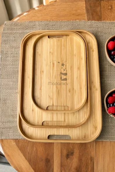 Madamev 3lü Lüx İskandinav Bambu Tepsi Seti Çay Tepsisi, Sunum Tepsisi, Kahve Sunum Tepsisi Oval Köşe Tepsi - 3