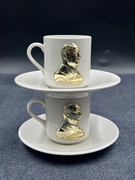 Metal Altın Renk Atatürk 2 li Porselen Fincan Seti - 2