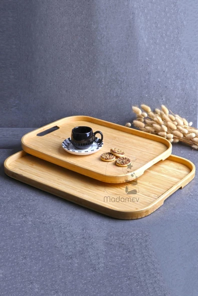 Madamev 3lü Lüx İskandinav Bambu Tepsi Seti Çay Tepsisi, Sunum Tepsisi, Kahve Sunum Tepsisi Oval Köşe Tepsi - 2
