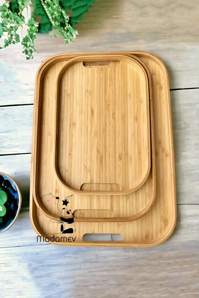 Madamev 3lü Lüx İskandinav Bambu Tepsi Seti Çay Tepsisi, Sunum Tepsisi, Kahve Sunum Tepsisi Oval Köşe Tepsi - 5