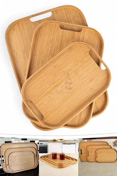 Madamev 3lü Lüx İskandinav Bambu Tepsi Seti Çay Tepsisi, Sunum Tepsisi, Kahve Sunum Tepsisi Oval Köşe Tepsi