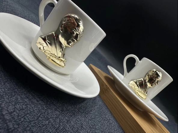 Metal Altın Renk Atatürk 2 li Porselen Fincan Seti - 5