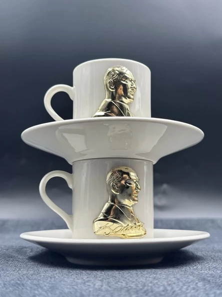Metal Altın Renk Atatürk 2 li Porselen Fincan Seti - 4