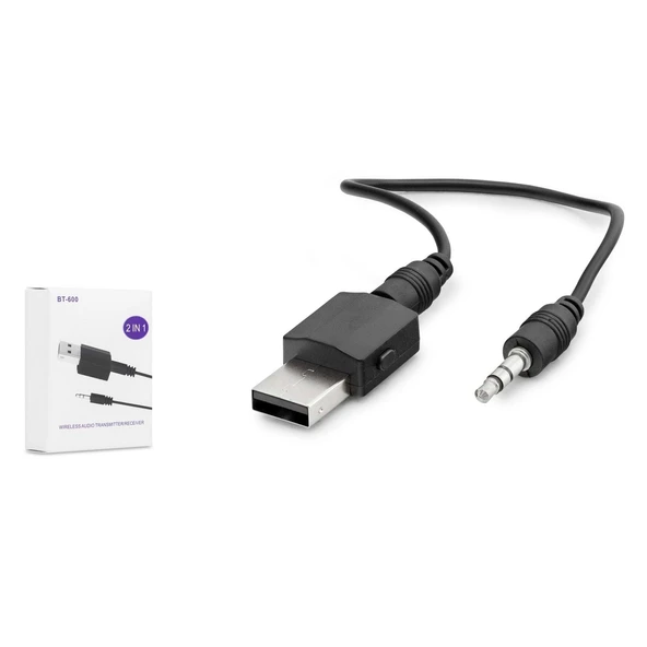 Hadron BT600 3.5mm AUX Bağlantılı USB Güç Beslemeli Bluetooth v5.0 Verici Alıcı Adaptör - Siyah - 3