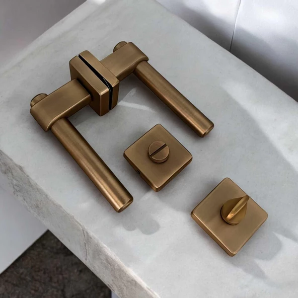 Dem Mat Antik Sarı Lüx Kare Rozetli Zamak Wc Banyo Kapı Kolu 1 Takım - Resim 4