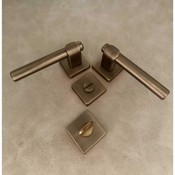 Dem Mat Antik Sarı Lüx Kare Rozetli Zamak Wc Banyo Kapı Kolu 1 Takım - Resim 3