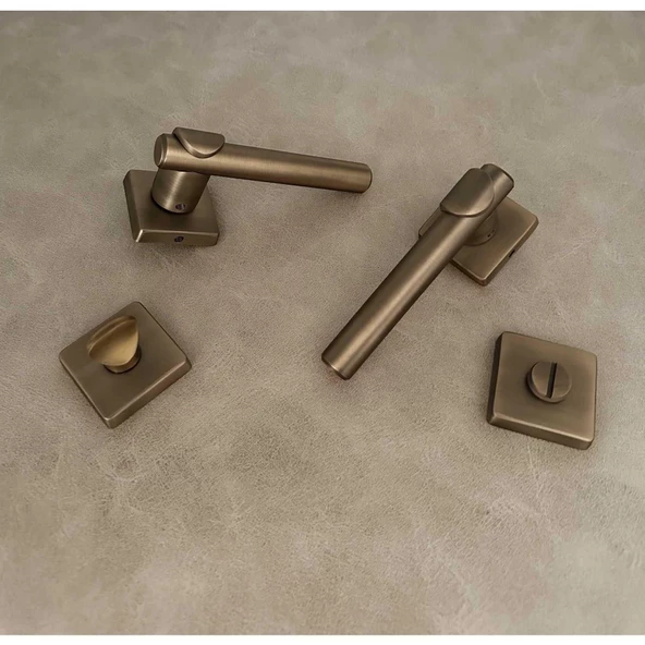 Dem Mat Antik Sarı Lüx Kare Rozetli Zamak Wc Banyo Kapı Kolu 1 Takım - Resim 5