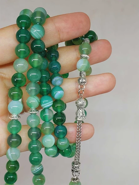 Akik Taşı Yeşil Renk 99luk Tesbih 8mm (7888) - Resim 2