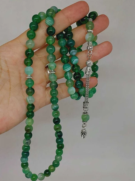 Akik Taşı Yeşil Renk 99luk Tesbih 8mm (7888) - Resim 5
