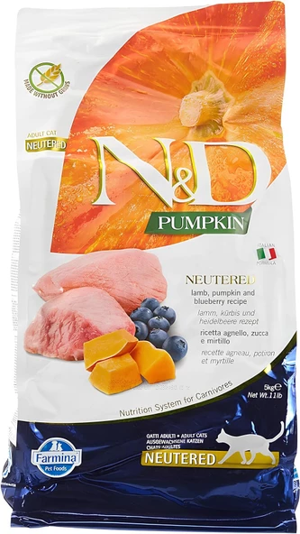 N&D Pumpkin Tahılsız Kuzu Etli, Yaban Mersinli ve Bal Kabaklı 1,5 Kg Kısırlaştırılmış Kedi Maması