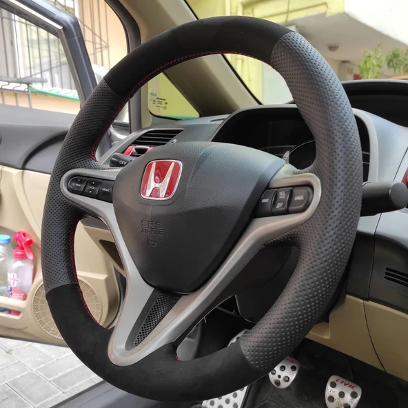 Honda Civic Fd6 Araca Özel Direksiyon Kılıfı (Tüylü Alcantra Nokta Kırmızı) - Resim 3