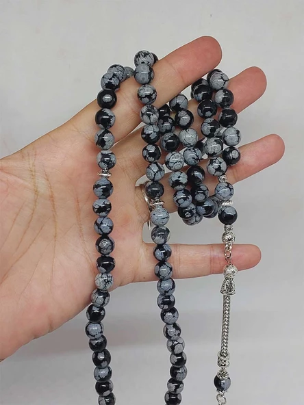 Kar Tanesi Obsidyen Taşı 99luk Tesbih 8mm (5640) - Resim 5
