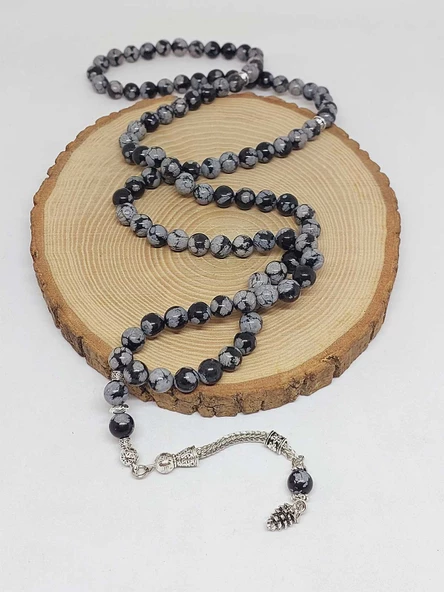 Kar Tanesi Obsidyen Taşı 99luk Tesbih 8mm (5640) - Resim 4