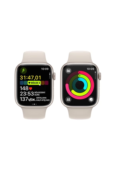 Apple Watch Series 9 GPS 45mm Yıldız Işığı Alüminyum Kasa ve Yıldız Işığı Spor Kordon - M/L