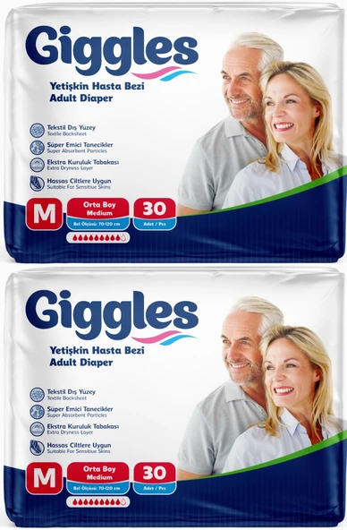 Giggles Hasta Bezi Yetişkin Bel Bantlı Tekstil Yüzey Orta - Medium (M) 60 Adet (2PK*30) ürün görseli