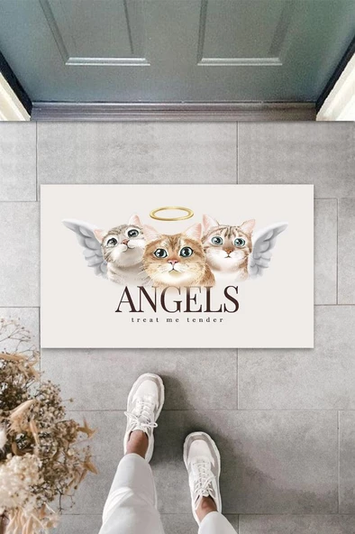 Home Beyaz Kapı Önü Paspası Angels Kediler Desen  K-3343