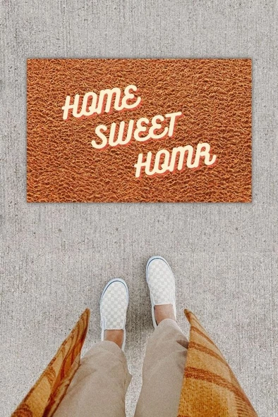 Dijital Baskı Dekoratif Home Sweet Home Kahverengi Kapı Önü Paspası K-1236