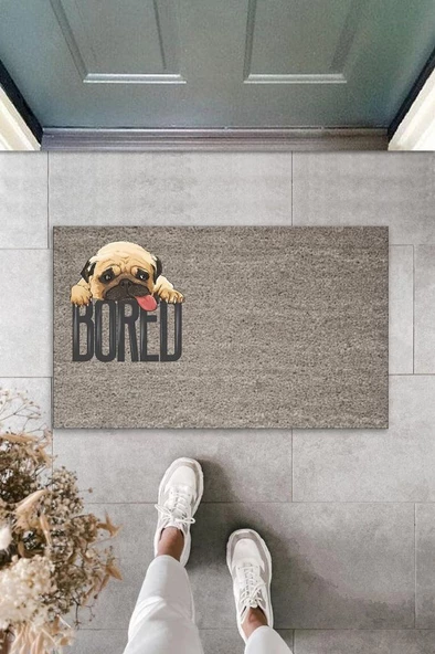 Dijital Baskı Gri Bored Köpekli Dekoratif Kapı Paspası K-2081