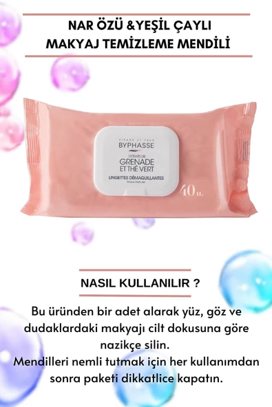 BYPHASSE Nar ve Yeşil Çay Özlü Makyaj Temizleme Mendili Olgun Ciltler 40 adet - 4