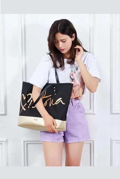 Victoria's Secret VS Siyah Gold Kanvas Tote Seyahat Çantası - 7