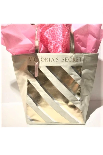Victoria's Secret VS Krem Gold Çizgi Desenli Kanvas Tote Omuz Çantası - 5