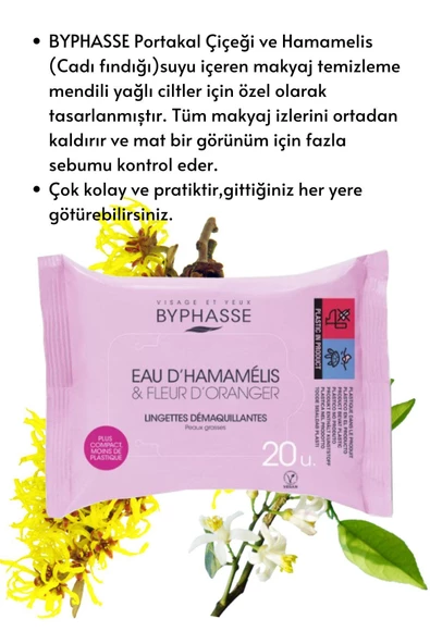 BYPHASSE Cadı Fındığı ve Portakal Çiçeği Özlü Makyaj Temizleme Mendili Yağlı Ciltler 20 adet - 2