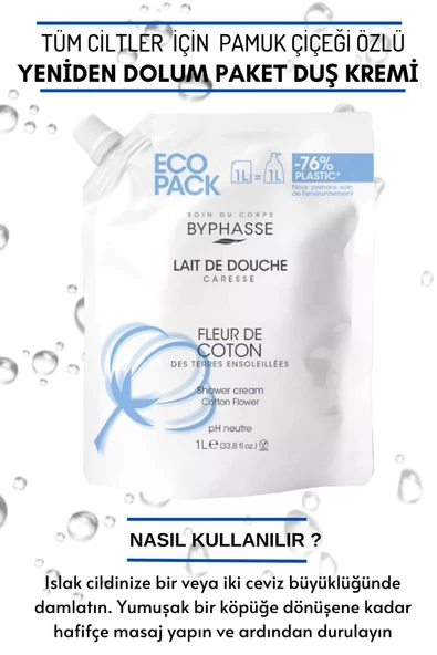 BYPHASSE Caresse Pamuk Çiçeği Özlü Kremli Duş Jeli Ekonomik Yeniden Dolum Paketi 1000ml - 3