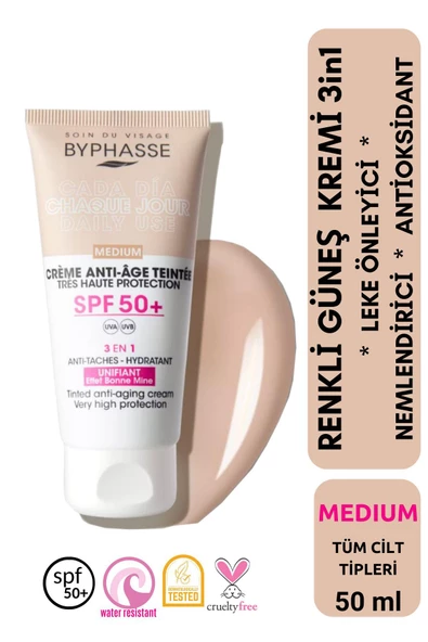 BYPHASSE Anti-Aging Renkli Sıvı Güneş Kremi Medium Renk- Yeni Nesil Güneş Filtreli Hibrit Formül 50ml