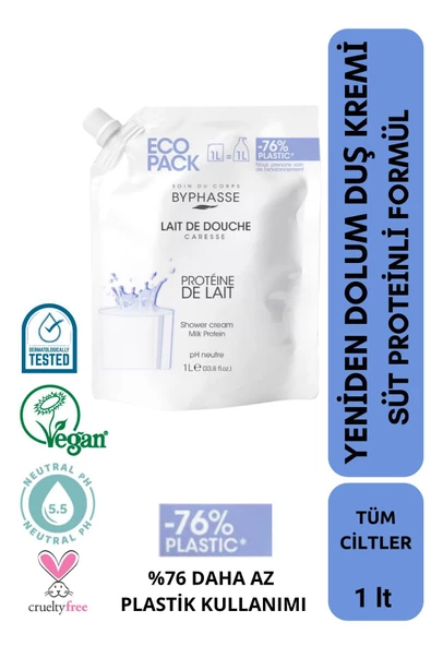 BYPHASSE Caresse Süt Proteinli Kremli Duş Jeli Ekonomik Yeniden Dolum Paketi 1000ml