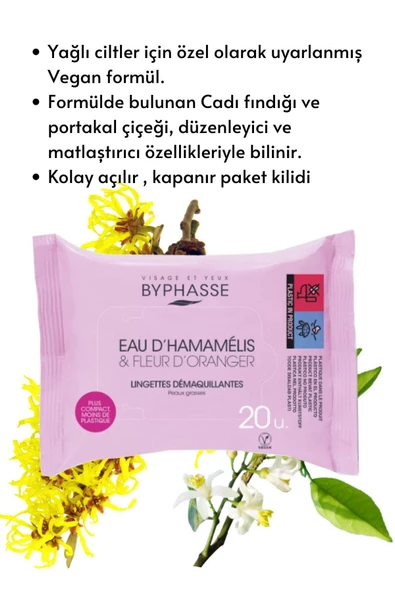 BYPHASSE Cadı Fındığı ve Portakal Çiçeği Özlü Makyaj Temizleme Mendili Yağlı Ciltler 20 adet - 3