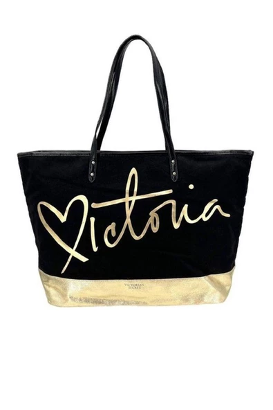 Victoria's Secret VS Siyah Gold Kanvas Tote Seyahat Çantası