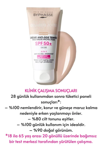 BYPHASSE Anti-Aging Renkli Sıvı Güneş Kremi Medium Renk- Yeni Nesil Güneş Filtreli Hibrit Formül 50ml - 3