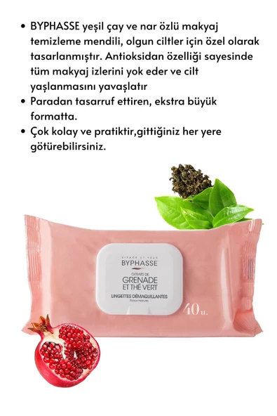 BYPHASSE Nar ve Yeşil Çay Özlü Makyaj Temizleme Mendili Olgun Ciltler 40 adet - 2