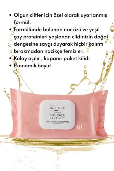 BYPHASSE Nar ve Yeşil Çay Özlü Makyaj Temizleme Mendili Olgun Ciltler 40 adet - 3