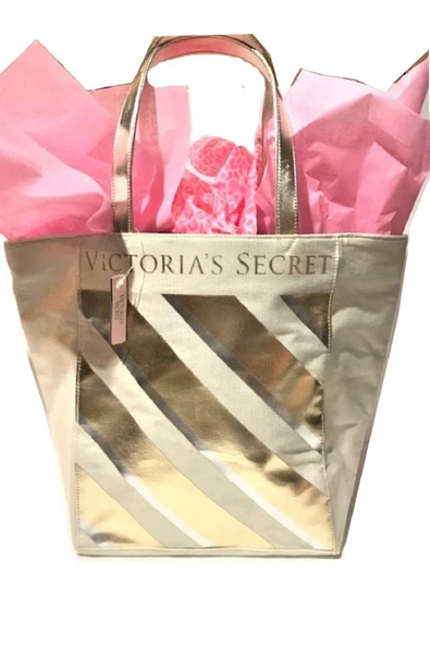 Victoria's Secret VS Krem Gold Çizgi Desenli Kanvas Tote Omuz Çantası - 2