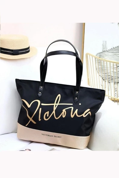 Victoria's Secret VS Siyah Gold Kanvas Tote Seyahat Çantası - 4