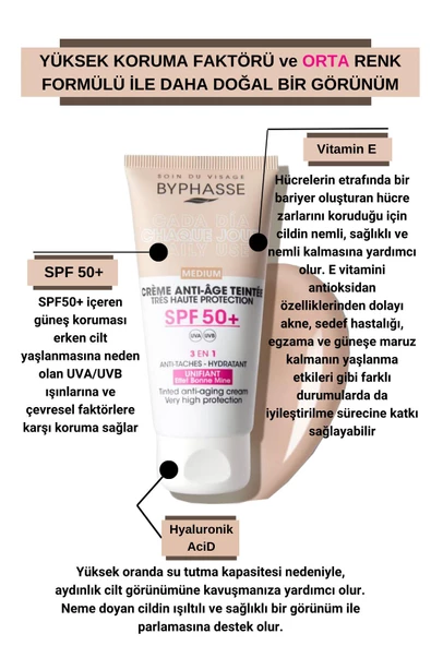 BYPHASSE Anti-Aging Renkli Sıvı Güneş Kremi Medium Renk- Yeni Nesil Güneş Filtreli Hibrit Formül 50ml - 6